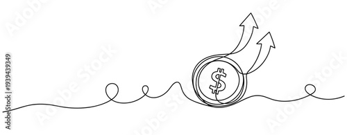 Continuous line drawing of economic growth with dollar symbol and arrows. No editable stroke