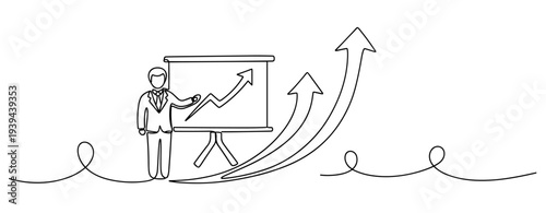 Business growth presentation by male presenter with line art arrows indicating success. No editable stroke