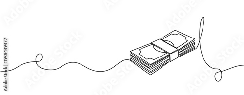 Line art of money stack sewn with thread symbolizing financial connection. No editable stroke