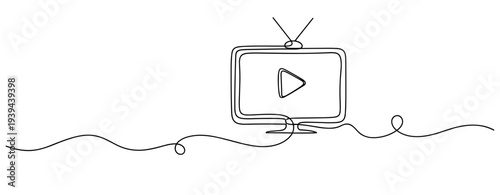 Continuous line drawing of a television with play button icon. No editable stroke