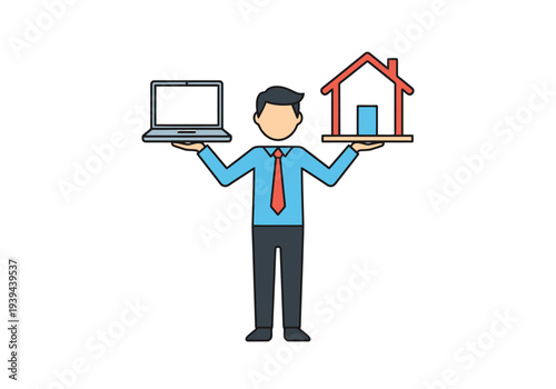 Man balancing laptop and house object symbolizing work life balance choice between remote work and office environment decisions