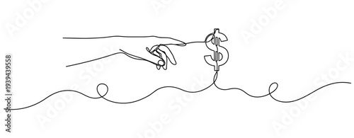 Hand drawing dollar sign with continuous line on white background. No editable stroke