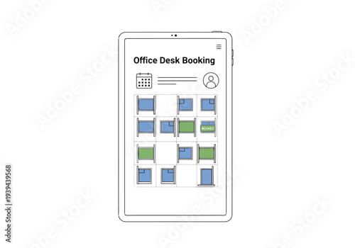 Digital Tablet Showing Modern Office Desk Booking Application Interface for Workspace Management and Employee Scheduling