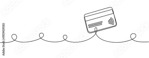 Minimalist line art of contactless credit card above wave pattern. No editable stroke