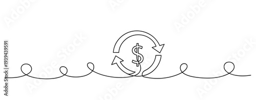 Continuous line drawing of money cycle with dollar sign and arrows. No editable stroke