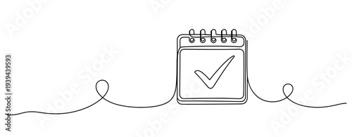 Continuous line drawing of a calendar with checkmark symbolizing schedule and organization. No editable stroke