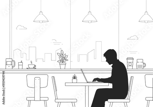 Silhouette of a man working on a laptop at a table inside a cafe with large windows overlooking a cityscape