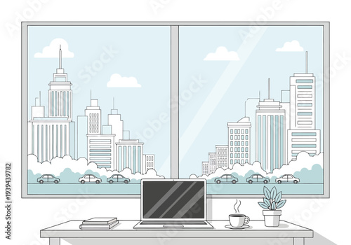 Modern Office Workspace With Cityscape View Through Large Window And Desk Accessories Including Laptop Coffee Plant And Books 137 Characters