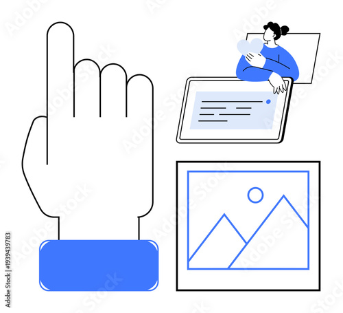 Digital interaction concept. Digital interaction includes hand gestures, touchscreen interfaces, and image display. Digital interaction for tech, design, apps, user experience, and media