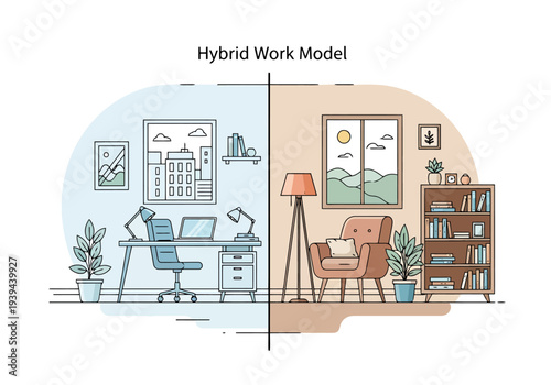 Modern Hybrid Work Model Illustrates Remote Office And Home Workspace Setup For Flexibility And Balance