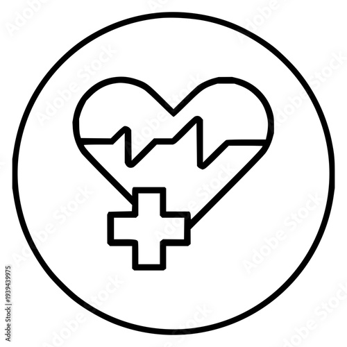 Medical heartbeat graph with a cross symbol inside a circle, representing health and care