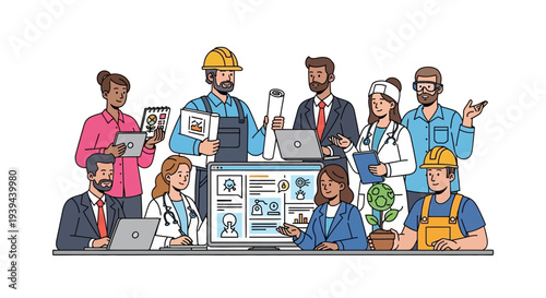 Diverse professionals collaborating with laptops and documents in modern workspace