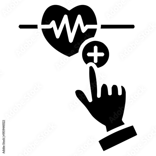 Digital healthcare management icon representing adding or accessing medical services with a hand touching a heart monitor graph, symbolizing proactive health engagement
