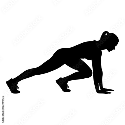 Woman silhouette doing mountain climber exercise, flat design vector illustration