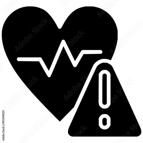 A clear icon depicting a heart rhythm graph and a warning sign, symbolizing health alerts, medical emergencies, and critical care situations
