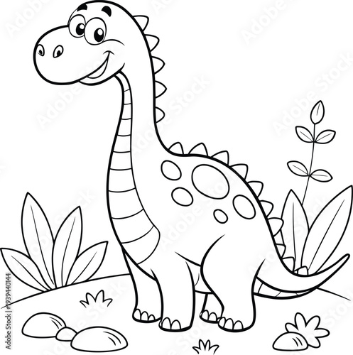 Happy Brachiosaurus Dinosaur Cartoon Character Standing in a Prehistoric Landscape with Plants and Rocks, Black and White Outline Vector Illustration for Coloring Books and Kids' Activities