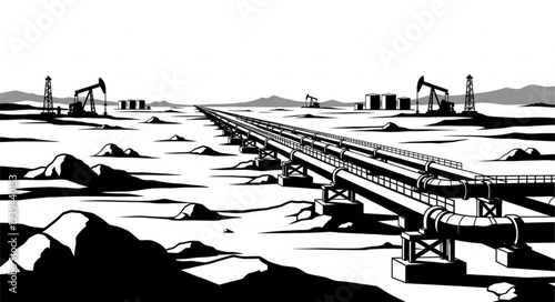 Oil rigs and pipelines in a desert landscape illustration.