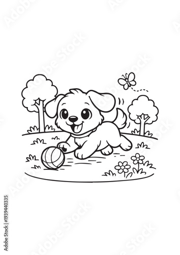 Cute Puppy Playing with Ball in Park – Kids Coloring Page Line Art