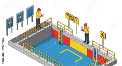 Isometric illustration of workers operating a swimming pool with signs and railings.