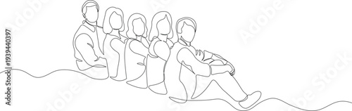 Continuous One Line Drawing of Happy Family of Five Sitting Together on Ground Enjoying Picnic Holiday. Minimalist Family Line Art Illustration