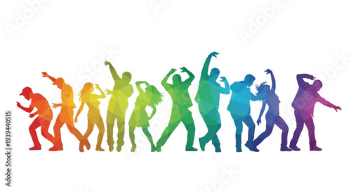 Diverse Group of People Dancing in Silhouette with Colorful Geometric Low Poly Design