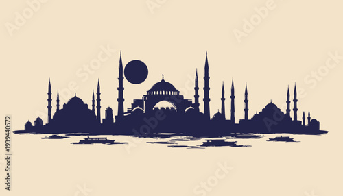 Silhouette of a grand mosque complex with multiple minarets and domes against a pale background with a dark circle representing the sun or moon.