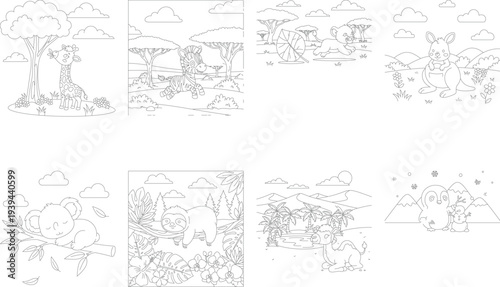 Funny cartoon calf standing in a fenced field, black and white illustration for coloring