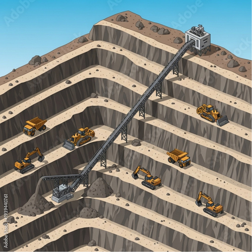 Open pit mine with heavy machinery and conveyor belt.