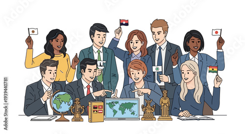 Diverse business team celebrating global partnership with flags and world map