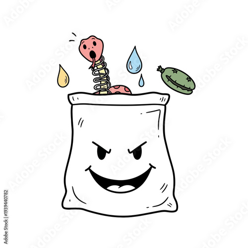 Angry Trash Bag with Garbage Spilling.