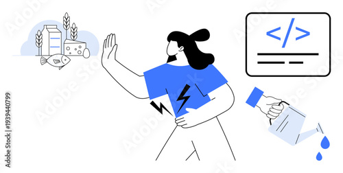 Food allergies, nutritional health, coding, conceptual warnings, digital healthcare, lifestyle adjustments. Woman avoiding allergens, coding interface pouring milk. Food allergies and nutritional
