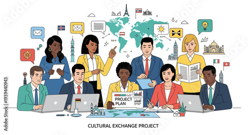 Diverse team collaborating on international project with global map