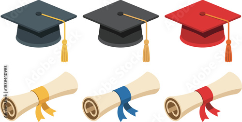 Graduation Cap and Diploma Scroll Set with Academic Mortarboards and Tied Certificates for Education Achievement and University Commencement