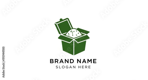 Green takeaway box logo design with clock and brand name template.