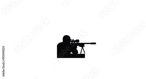 A marksman aiming with a rifle depicted in stark black silhouette