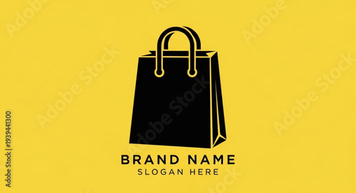 Simple black shopping bag icon on yellow background for retail branding.