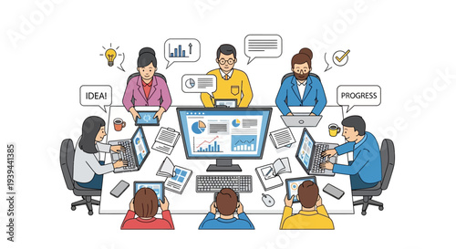 Business team collaborating on project with laptops and graphs