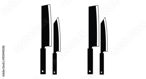 Two pairs of kitchen knives displayed in a stark black silhouette