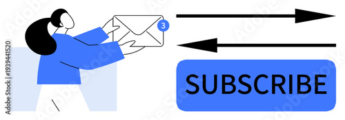 Digital marketing, email subscriptions, updates, online communication, notifications, engagement. Person holding an envelope with notification icon. Email subscriptions and digital marketing concept