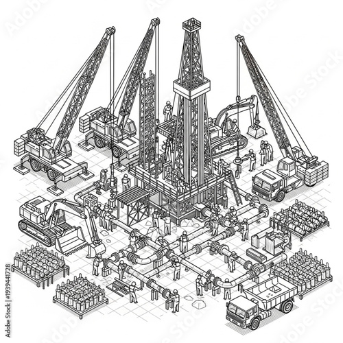 Detailed isometric illustration of an offshore oil rig with cranes and equipment.