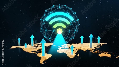 A glowing blue Wi-Fi symbol rises from a world map with arrows pointing upwards, representing global telecommunication and information exchange on World Telecommunication and Information Society Day.