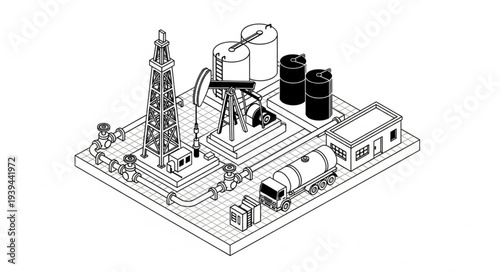 Isometric illustration of an industrial facility with various machinery and equipment.
