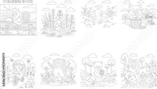 Coloring Book Page: Rooster Crowing at Sunrise in Farm Setting