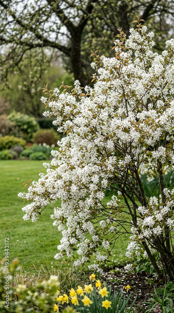 Obraz premium White flowering shrub in garden during spring season 