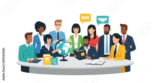 Diverse business team collaborating around a table with globe and books