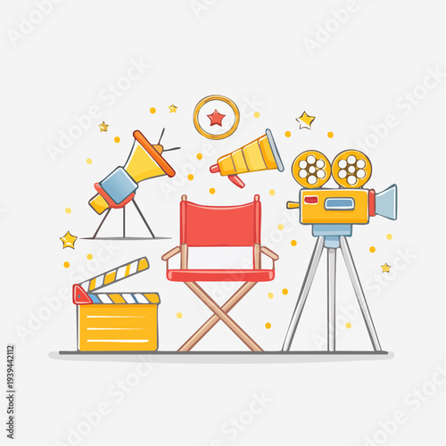 Flat lay illustration of film and television production equipment including a director's chair, camera, megaphone, clapperboard, and starburst symbols against a clean white background with
