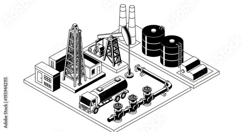 Isometric illustration of an oil refinery with storage tanks and equipment.