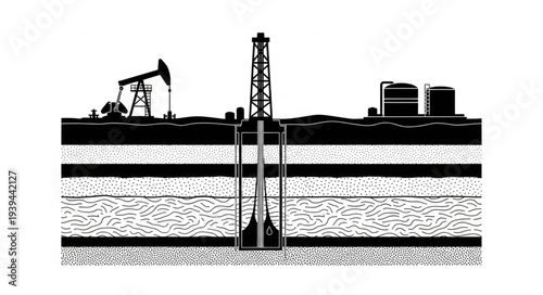 Oil extraction process diagram showing drilling and pumping equipment.
