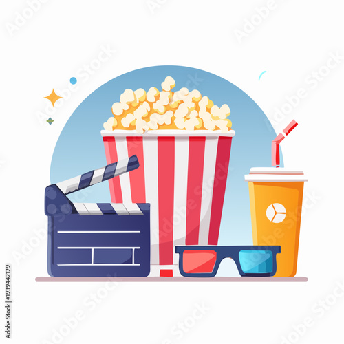 Flat lay illustration of movie snacks and accessories including popcorn, soda, clapperboard, and 3D glasses against a white background with a blue circle.