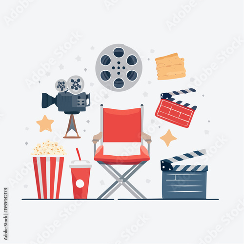 Flat lay illustration of film and cinema icons including a director's chair, movie camera, film reel, clapperboard, popcorn, and soda on a clean white background with a playful and creative